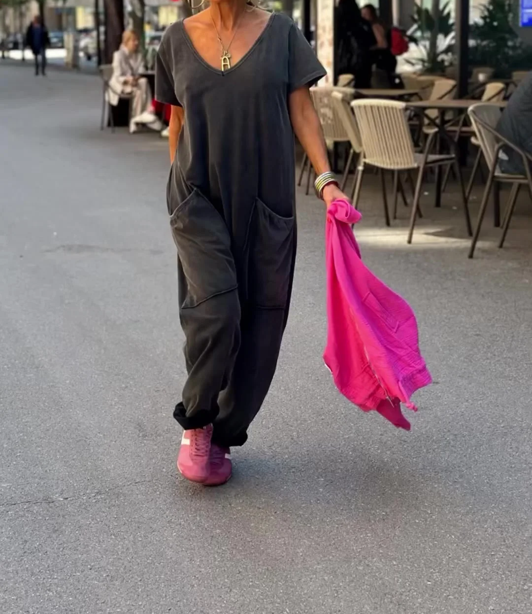 Casual V-neck Solid Color Jumpsuit