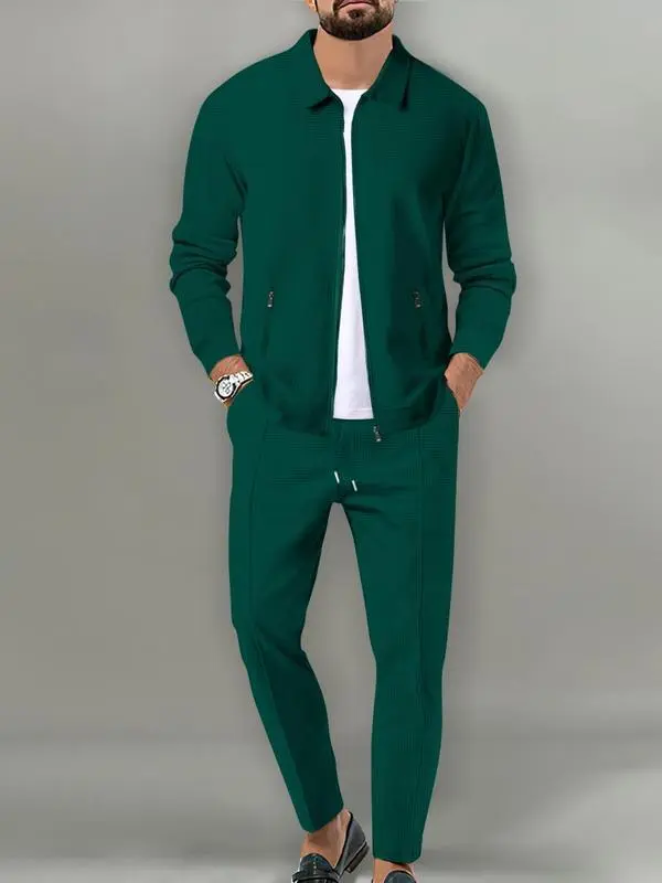 Sporty Two-piece Set Men's Plain Zip Up Jacket & Drawstring Waist Pants Tracksuit Set