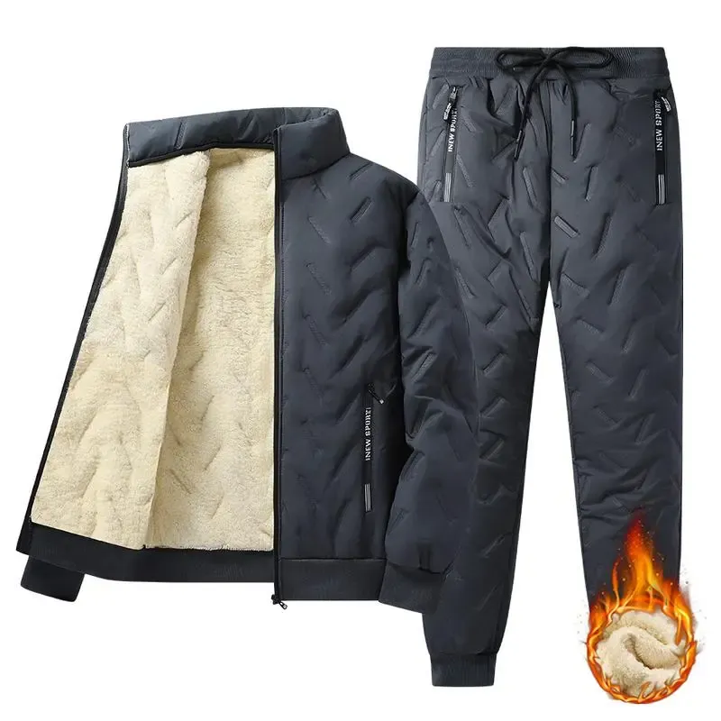 Men's Hooded Fleece Casual Set Stand Collar Jacket & Pants