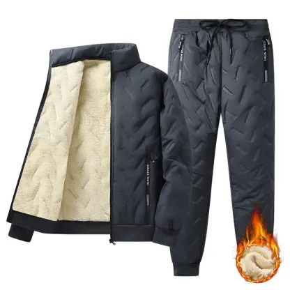 Men's Hooded Fleece Casual Set Stand Collar Jacket & Pants