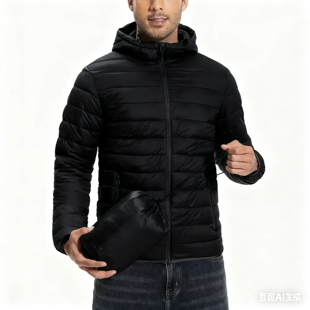 Mens Lightweight Packable Outdoor Hooded  Puffer Jacket