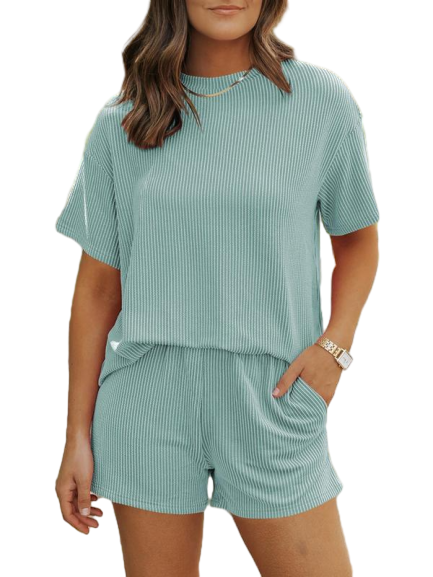 🔥Flash Sale⚡Women's Solid Twisted Ribbed Knit Textured Pocket Shorts Set, Ladies Summer Clothes for Daily Wear