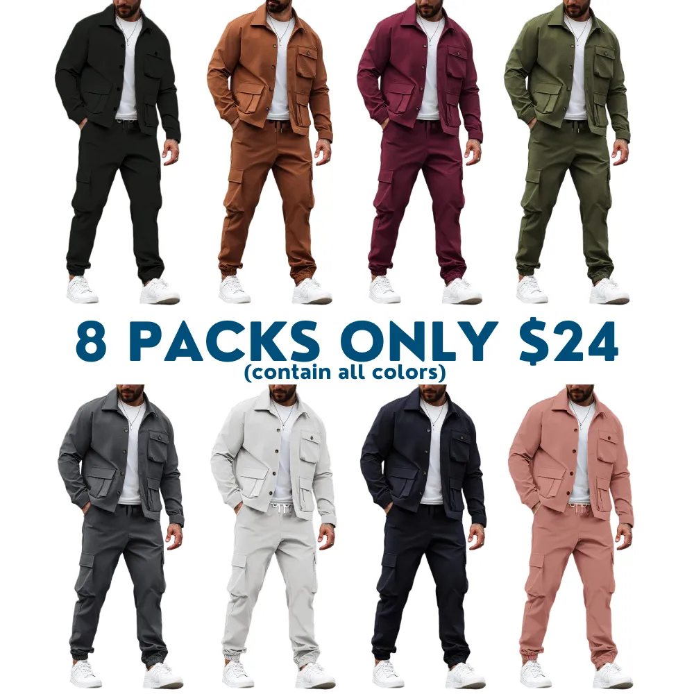 Men's Solid Color Pocket Button Front Shirt & Pants Two-Piece Set