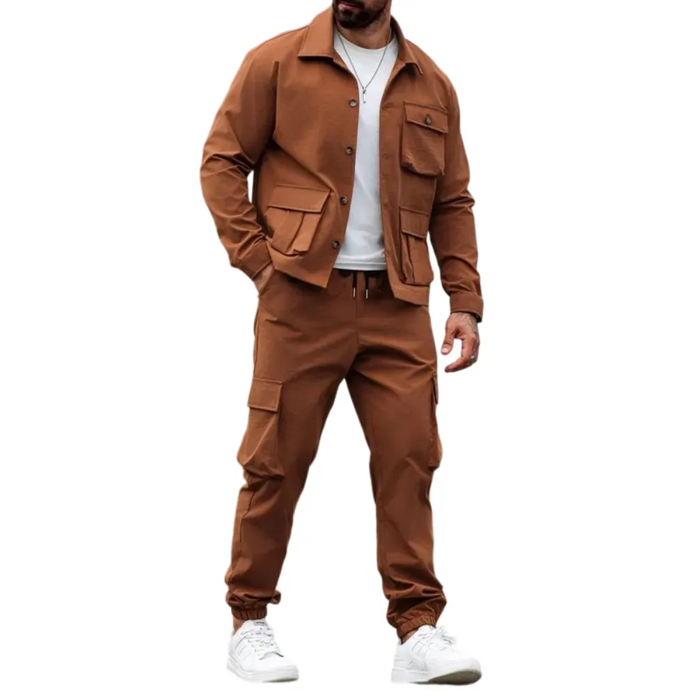 Men's Solid Color Pocket Button Front Shirt & Pants Two-Piece Set