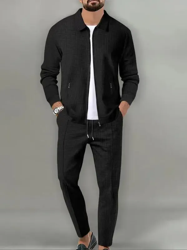Sporty Two-piece Set Men's Plain Zip Up Jacket & Drawstring Waist Pant