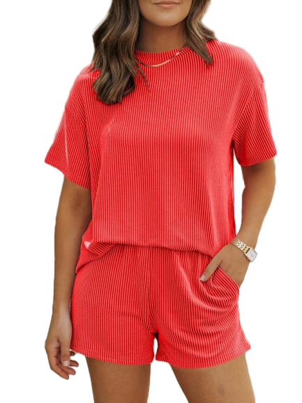 🔥Flash Sale⚡Women's Solid Twisted Ribbed Knit Textured Pocket Shorts Set, Ladies Summer Clothes for Daily Wear