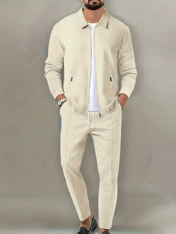 Sporty Two-piece Set Men's Plain Zip Up Jacket & Drawstring Waist Pants Tracksuit Set