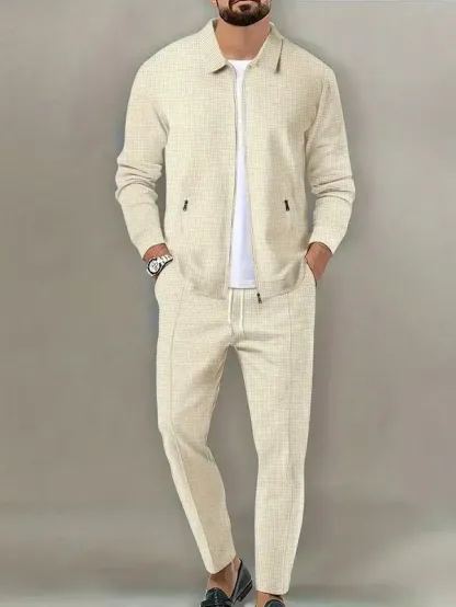 Sporty Two-piece Set Men's Plain Zip Up Jacket & Drawstring Waist Pants Tracksuit Set