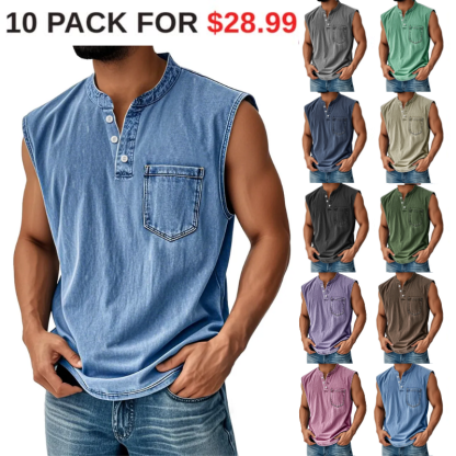 Men's Vintage Stand Collar Casual Pocket Solid Color Sleeveless Henley Vest