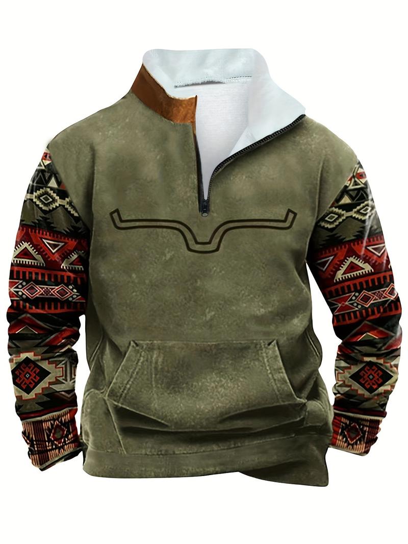 Men's Ethnic Pattern Zip Up Fleece Hoodie, Casual Regular Fit Long Sleeve Drop Shoulder Sweatshirt for Fall & Winter, Men's Top for Daily Wear