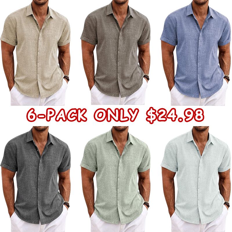  Men's Linen Shirts Short Sleeve Casual Shirts Button Down Shirt for Men Beach Summer Wedding Shirt