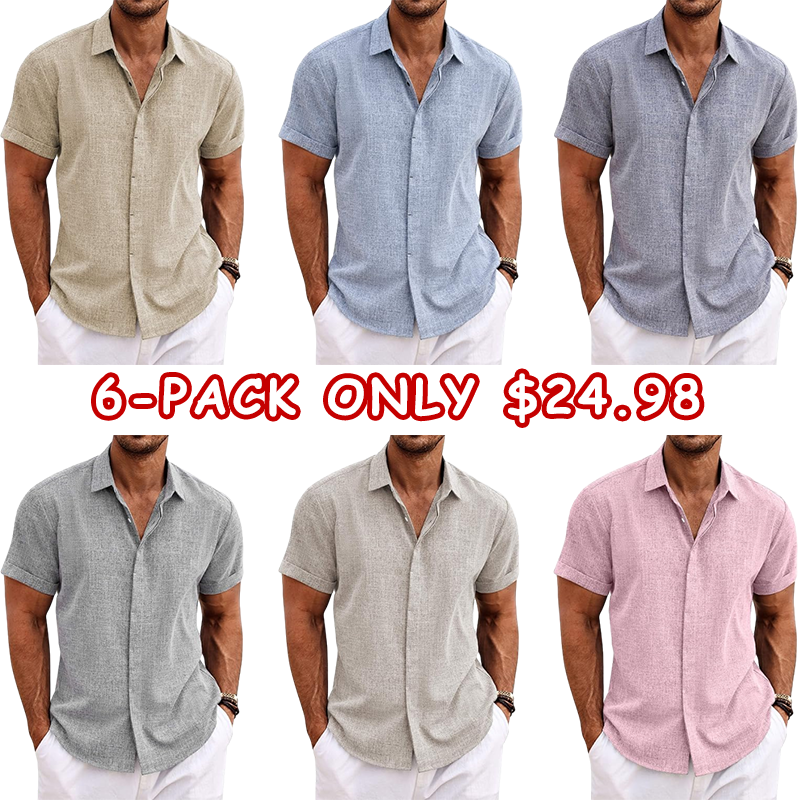  Men's Linen Shirts Short Sleeve Casual Shirts Button Down Shirt for Men Beach Summer Wedding Shirt