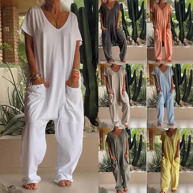 Casual V-neck Solid Color Jumpsuit