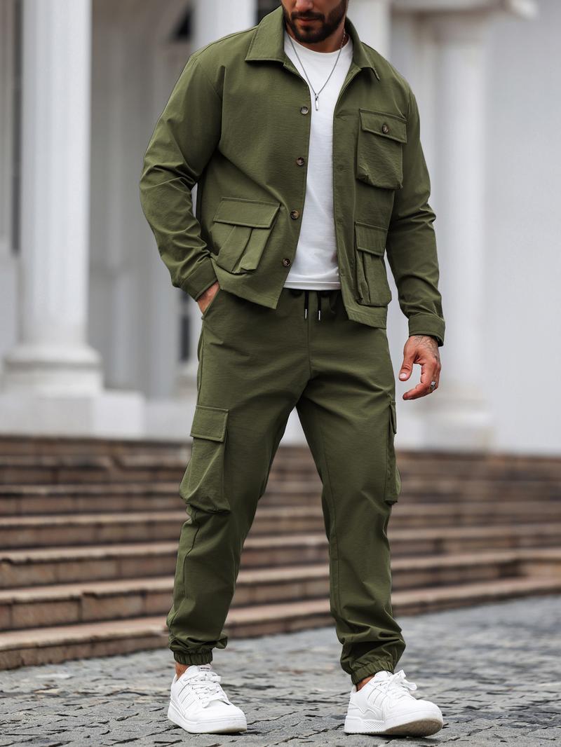 Factory Clearance! Men's Solid Color Two-Piece Set — Button-Up Shirt & Pants, Casual Long Sleeve Workwear Outfit for Spring & Fall