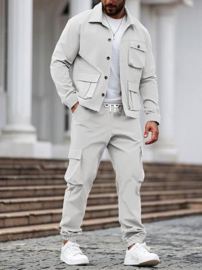 Factory Clearance! Men's Solid Color Two-Piece Set — Button-Up Shirt & Pants, Casual Long Sleeve Workwear Outfit for Spring & Fall