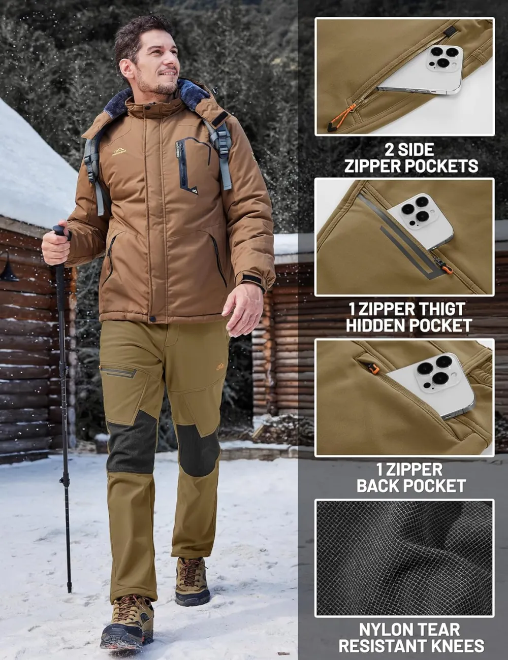 Men's Snow Ski Pants Winter Fleece Lined Pants for Mens