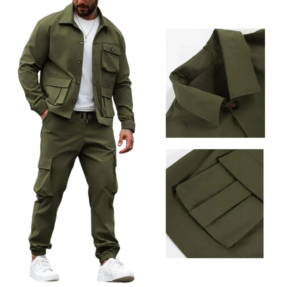 Men's Solid Color Pocket Button Front Shirt & Pants Two-Piece Set