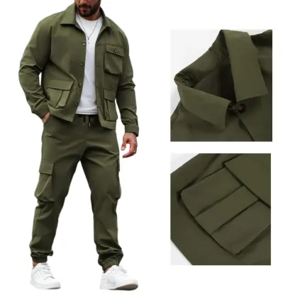 Men's Solid Color Pocket Button Front Shirt & Pants Two-Piece Set