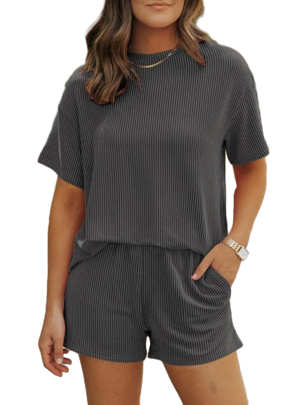 🔥Flash Sale⚡Women's Solid Twisted Ribbed Knit Textured Pocket Shorts Set, Ladies Summer Clothes for Daily Wear