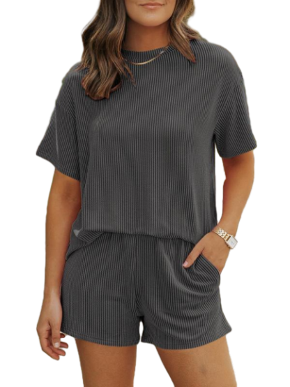 🔥Flash Sale⚡Women's Solid Twisted Ribbed Knit Textured Pocket Shorts Set, Ladies Summer Clothes for Daily Wear