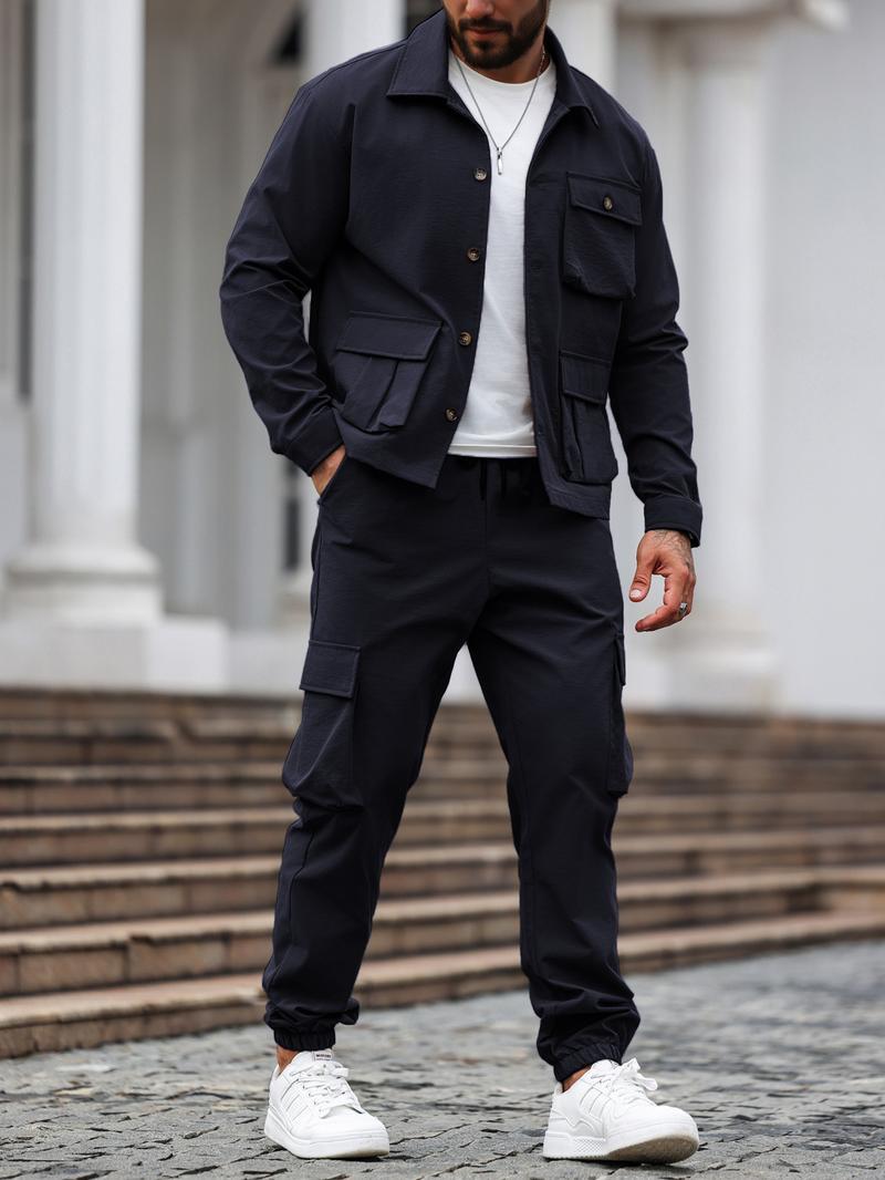 Factory Clearance! Men's Solid Color Two-Piece Set — Button-Up Shirt & Pants, Casual Long Sleeve Workwear Outfit for Spring & Fall