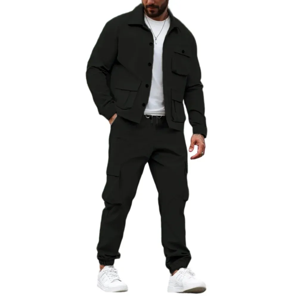 Men's Solid Color Pocket Button Front Shirt & Pants Two-Piece Set