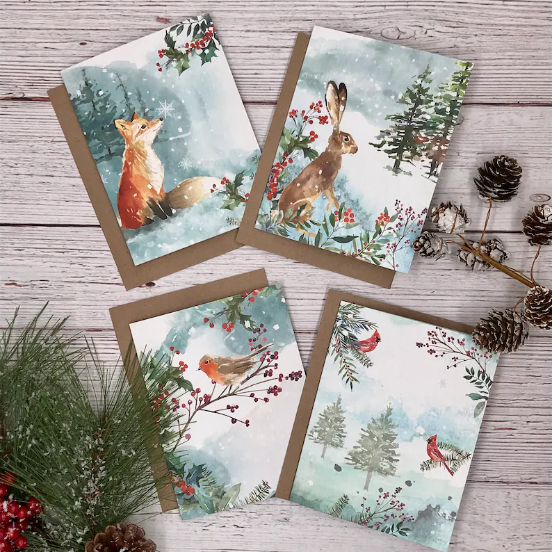 Winter Woodland Animals Christmas Cards (12 Pcs)