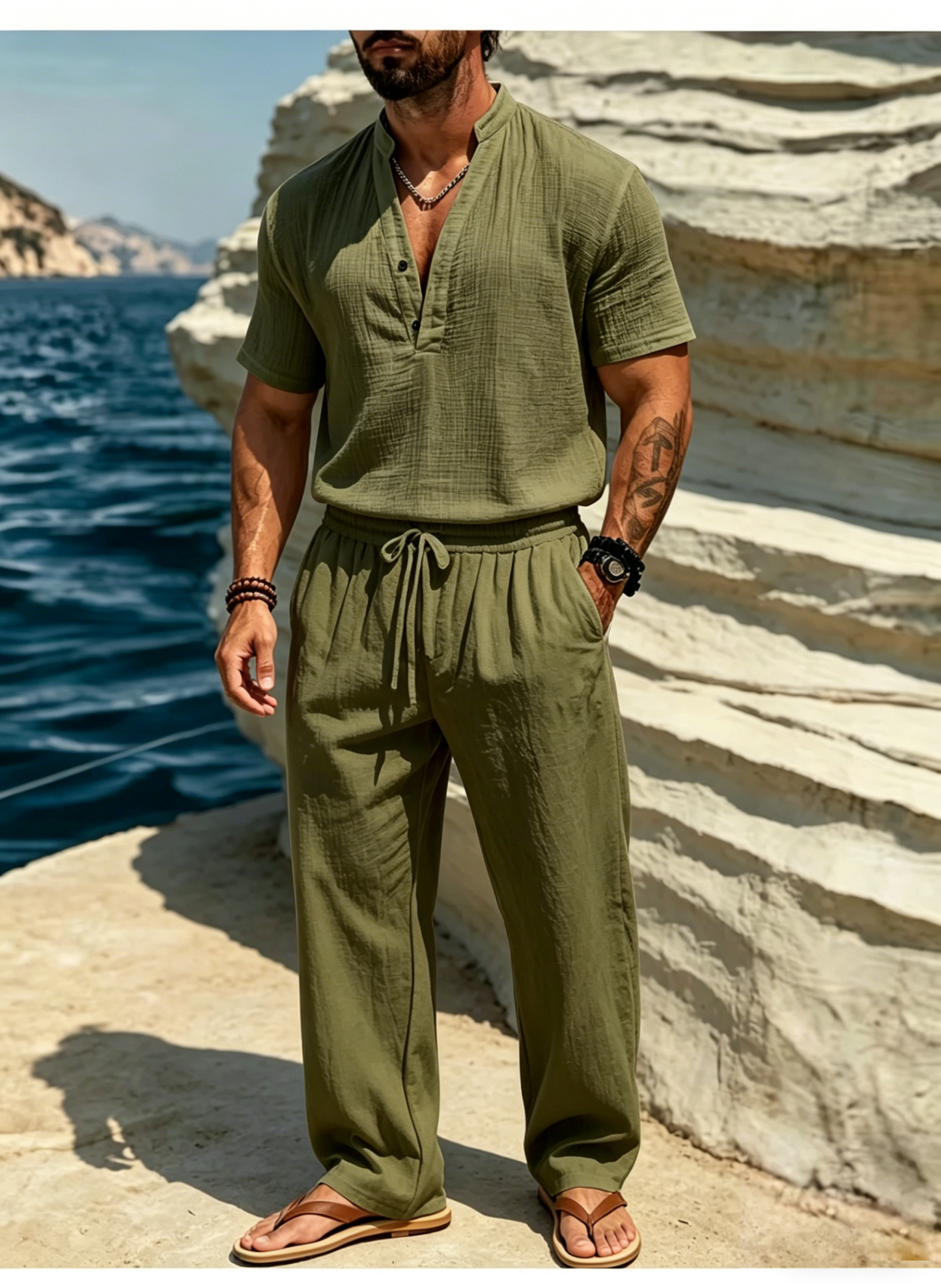 Men's Casual Solid Color Linen Short-Sleeve Shirt and Trousers Suit