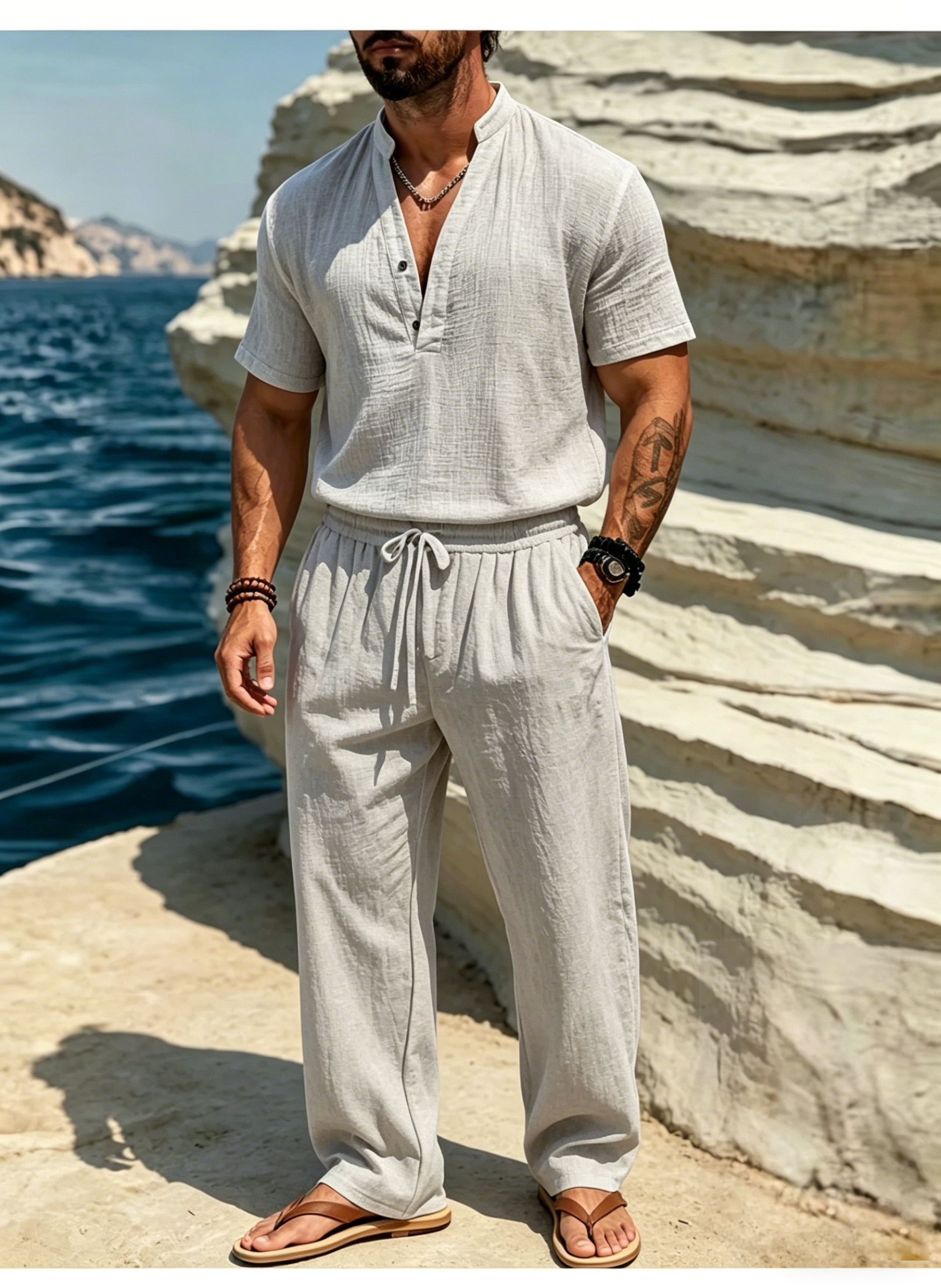 Men's Casual Solid Color Linen Short-Sleeve Shirt and Trousers Suit