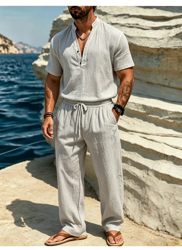 Men's Casual Solid Color Linen Short-Sleeve Shirt and Trousers Suit
