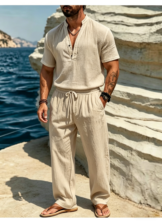 Men's Casual Solid Color Linen Short-Sleeve Shirt and Trousers Suit