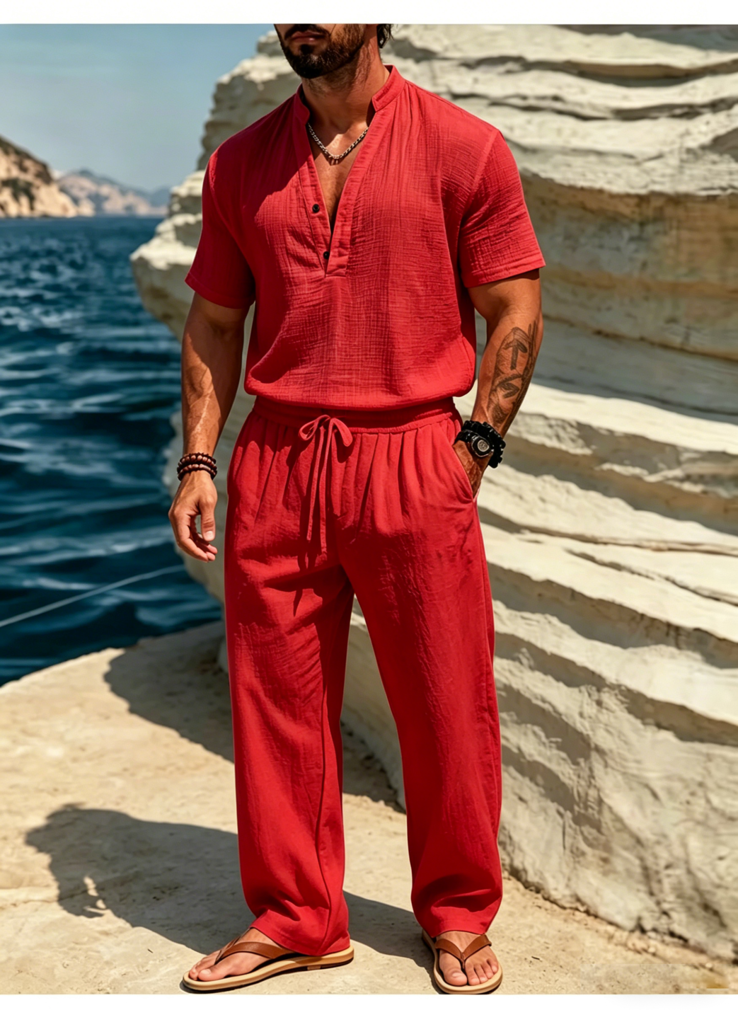 Men's Casual Solid Color Linen Short-Sleeve Shirt and Trousers Suit