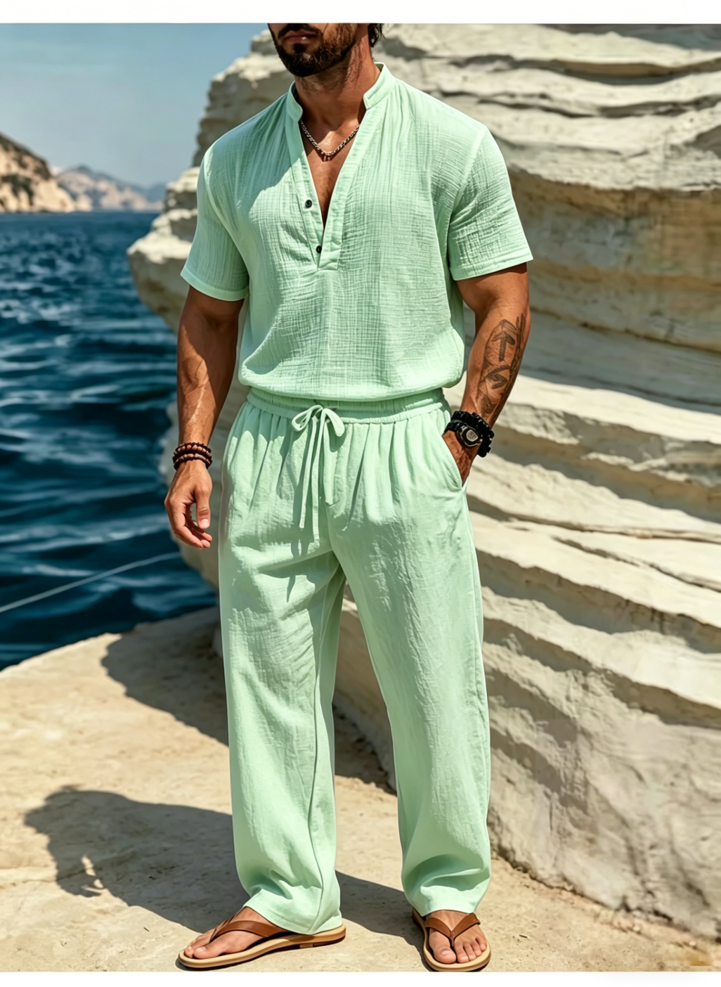 Men's Casual Solid Color Linen Short-Sleeve Shirt and Trousers Suit