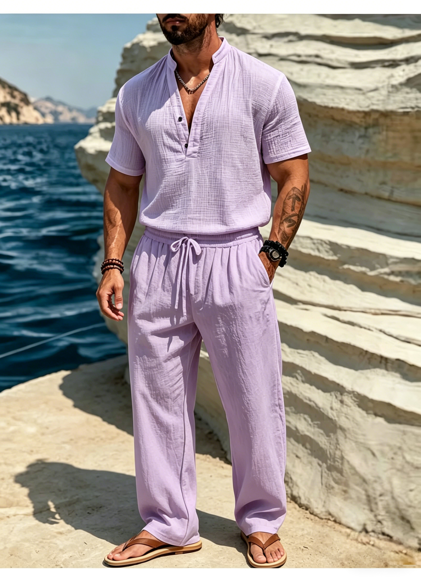 Men's Casual Solid Color Linen Short-Sleeve Shirt and Trousers Suit