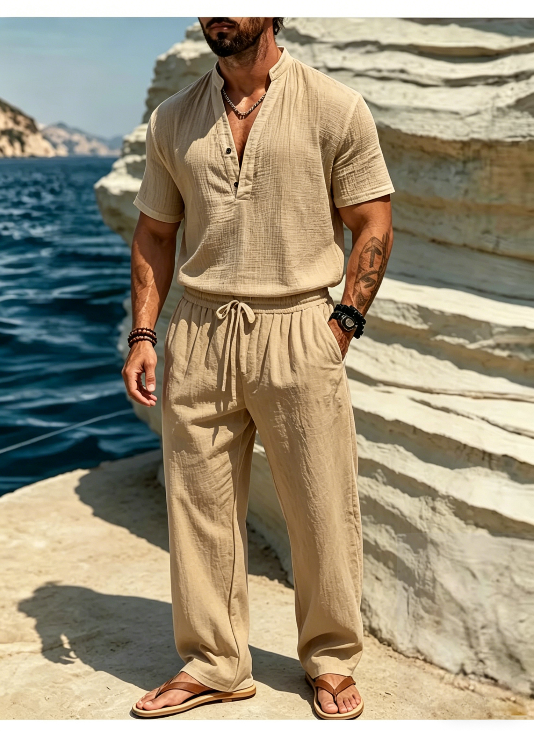 Men's Casual Solid Color Linen Short-Sleeve Shirt and Trousers Suit