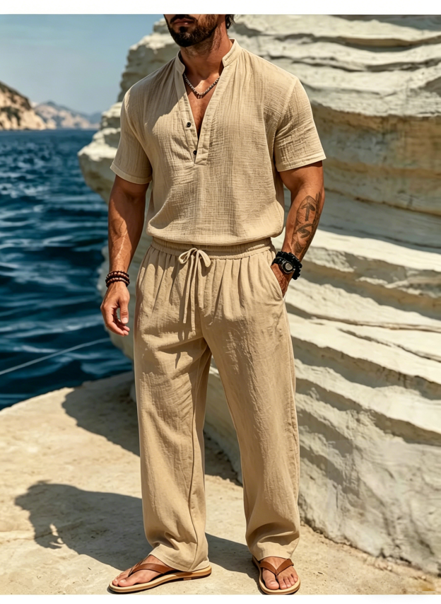 Men's Casual Solid Color Linen Short-Sleeve Shirt and Trousers Suit