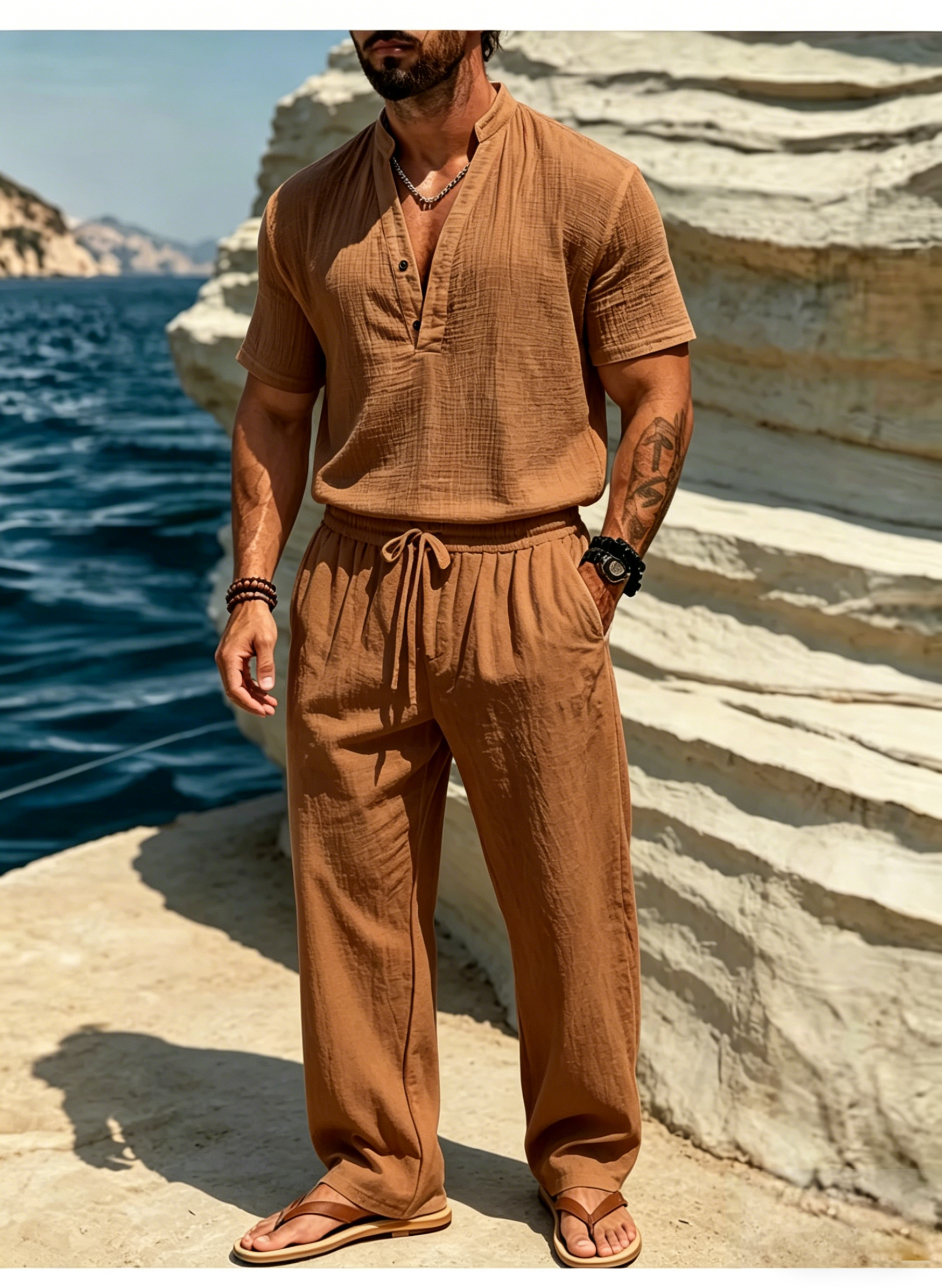 Men's Casual Solid Color Linen Short-Sleeve Shirt and Trousers Suit