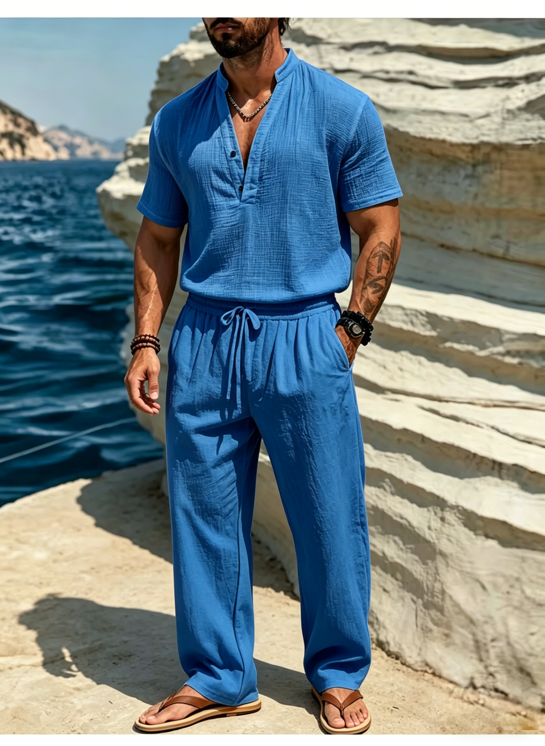 Men's Casual Solid Color Linen Short-Sleeve Shirt and Trousers Suit