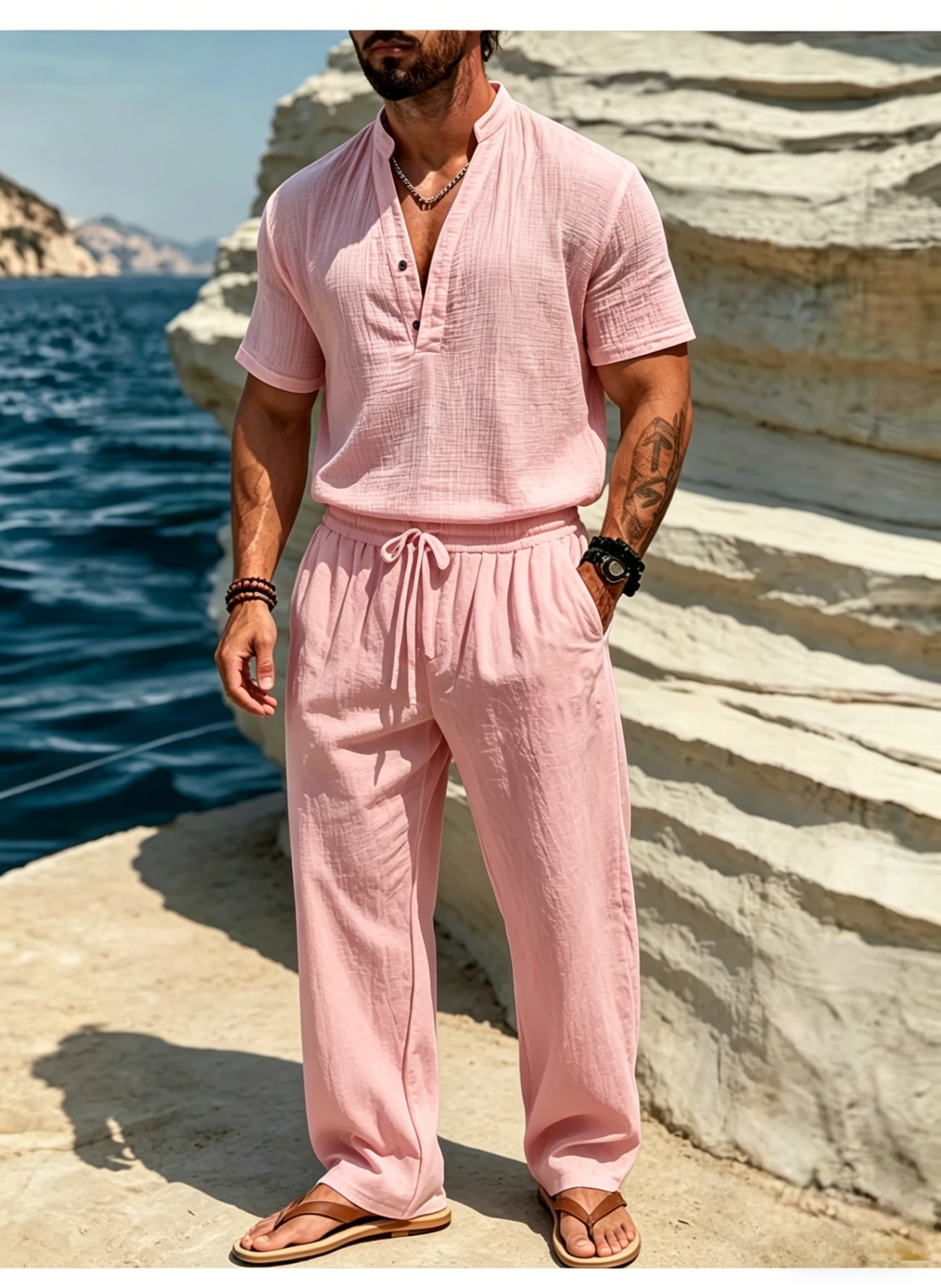 Men's Casual Solid Color Linen Short-Sleeve Shirt and Trousers Suit