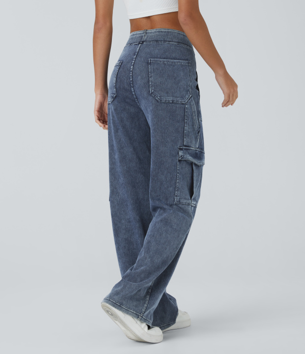 Mid Rise Pockets Straight Leg Casual Cargo Jeans