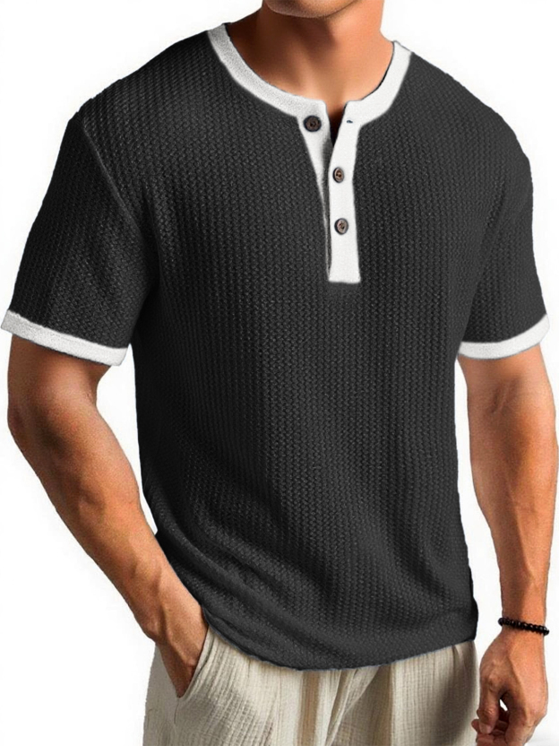 Men's Waffle Color-Block Urban Casual Daily Short-Sleeve Henley Shirt Top