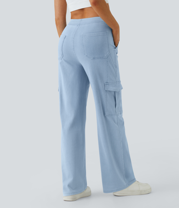 Mid Rise Pockets Straight Leg Casual Cargo Jeans