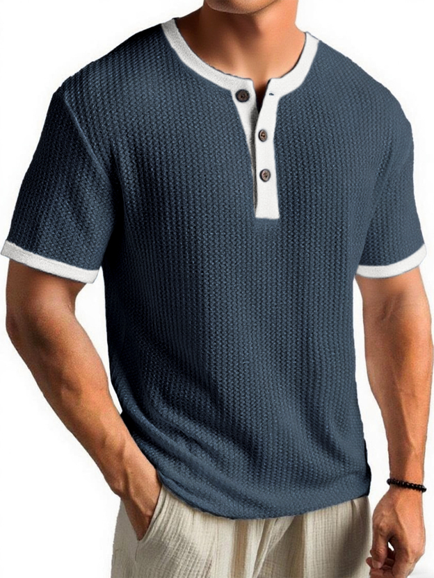 Men's Waffle Color-Block Urban Casual Daily Short-Sleeve Henley Shirt Top