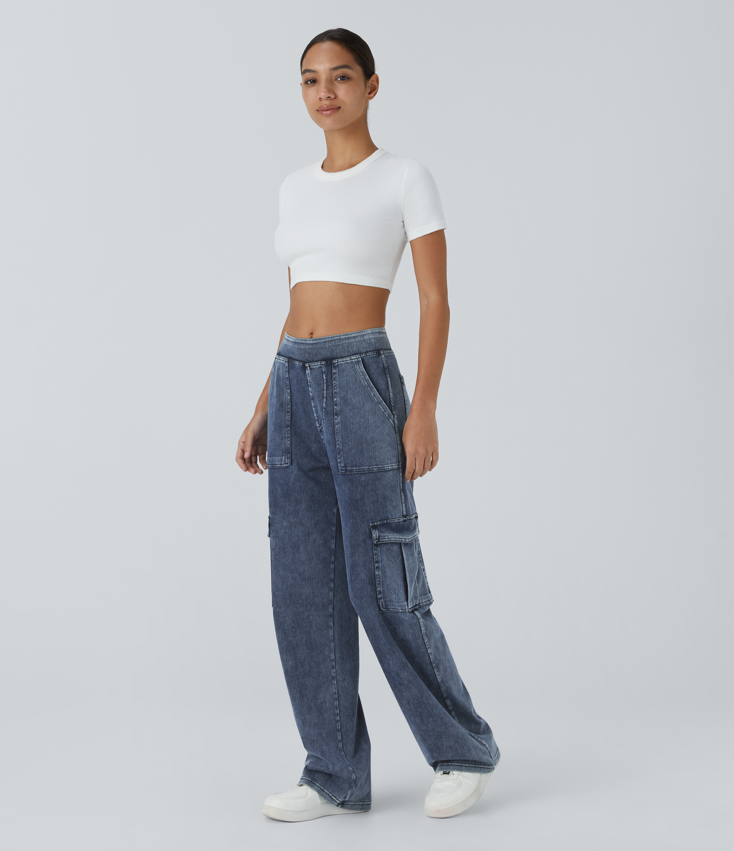 Mid Rise Pockets Straight Leg Casual Cargo Jeans