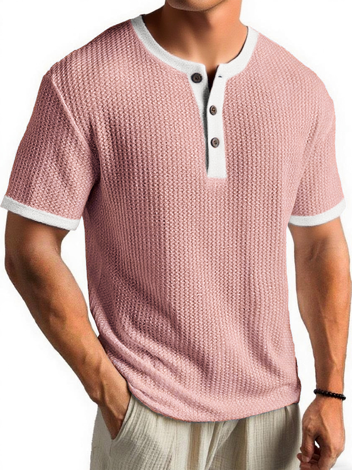 Men's Waffle Color-Block Urban Casual Daily Short-Sleeve Henley Shirt Top