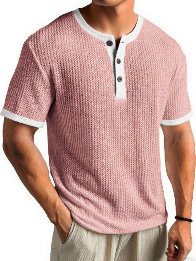 Men's Waffle Color-Block Urban Casual Daily Short-Sleeve Henley Shirt Top