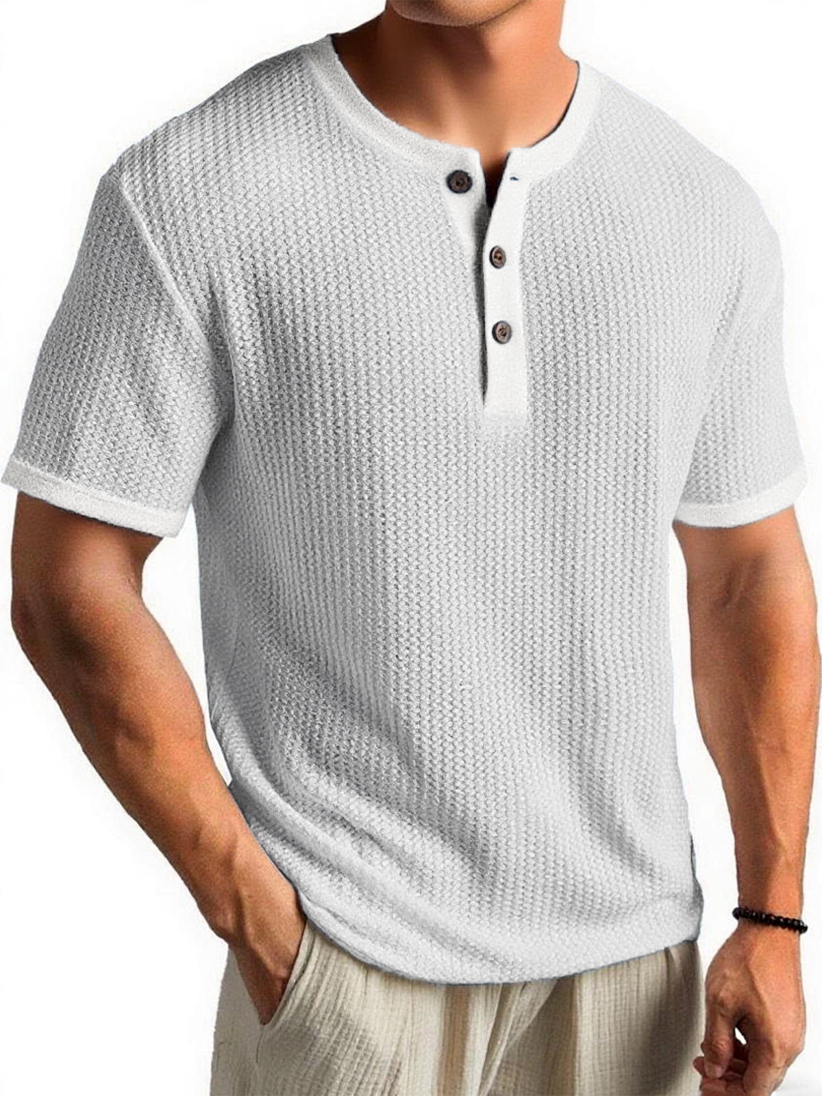 Men's Waffle Color-Block Urban Casual Daily Short-Sleeve Henley Shirt Top