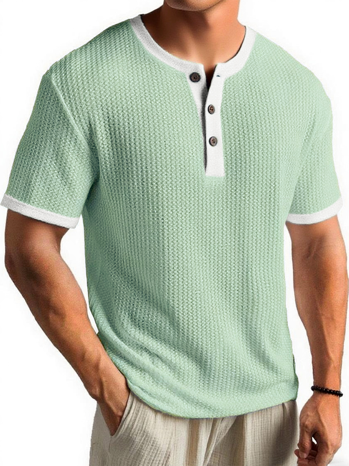 Men's Waffle Color-Block Urban Casual Daily Short-Sleeve Henley Shirt Top