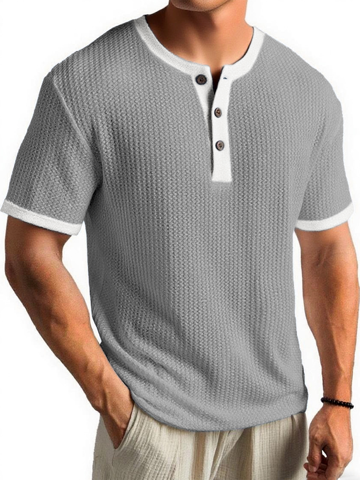 Men's Waffle Color-Block Urban Casual Daily Short-Sleeve Henley Shirt Top