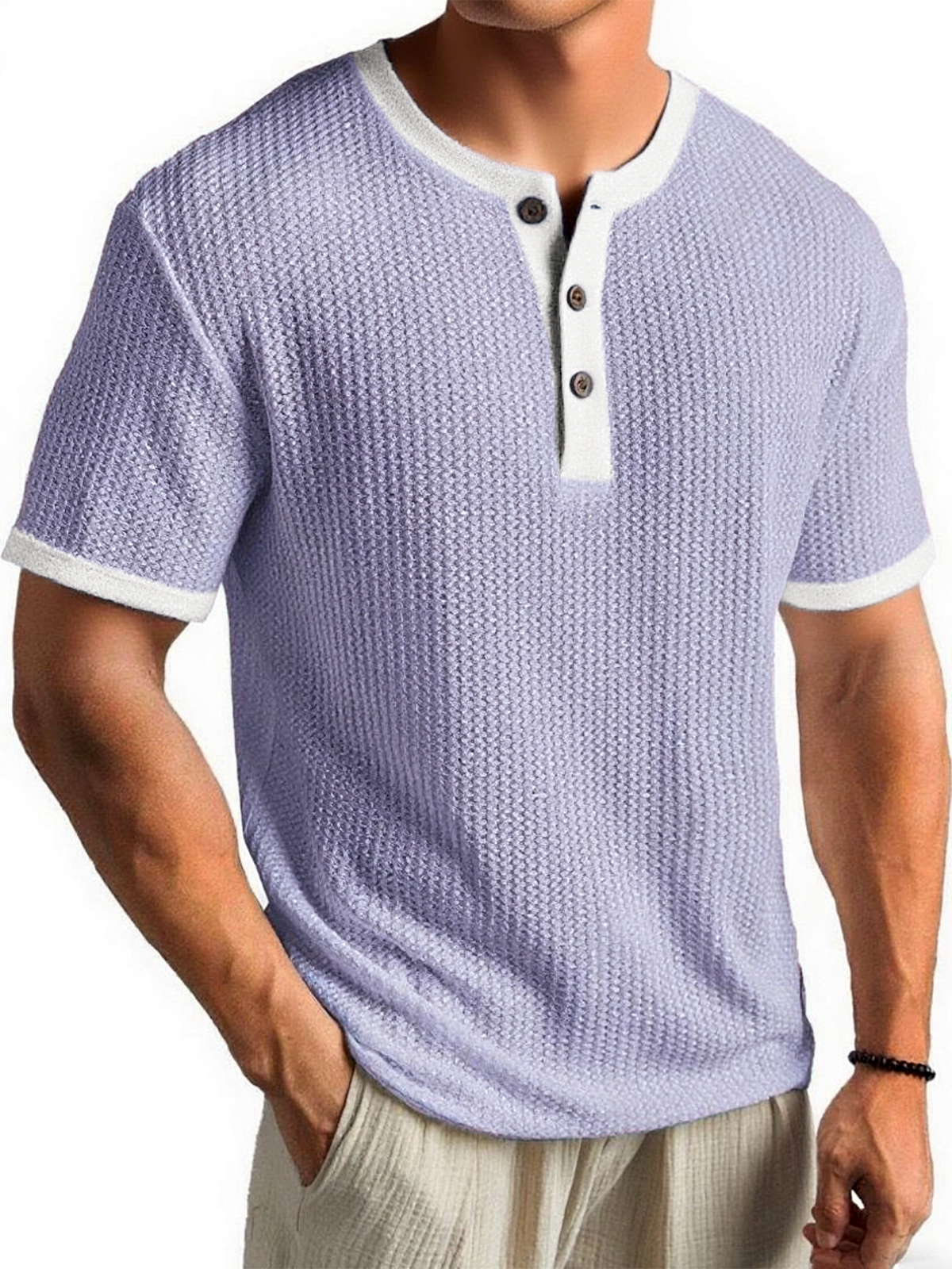 Men's Waffle Color-Block Urban Casual Daily Short-Sleeve Henley Shirt Top